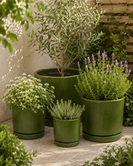 Vaso Glaze Righe Rotondo EDG in Terracotta Verde H23 con Sottopiatto Integrato
