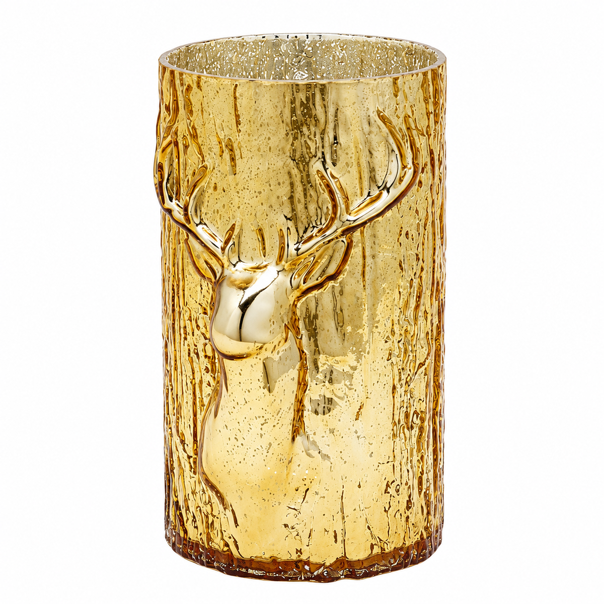 Vaso Renna Cilindro Oro in vetro EDG Enzo De Gasperi H 26 × Ø 15 cm con testa di renna in rilievo