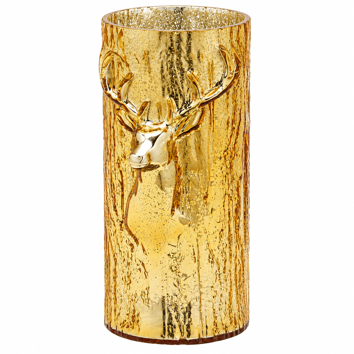 Vaso Renna Cilindro Oro in vetro EDG Enzo De Gasperi H 32 × Ø 15 cm con testa di renna in rilievo