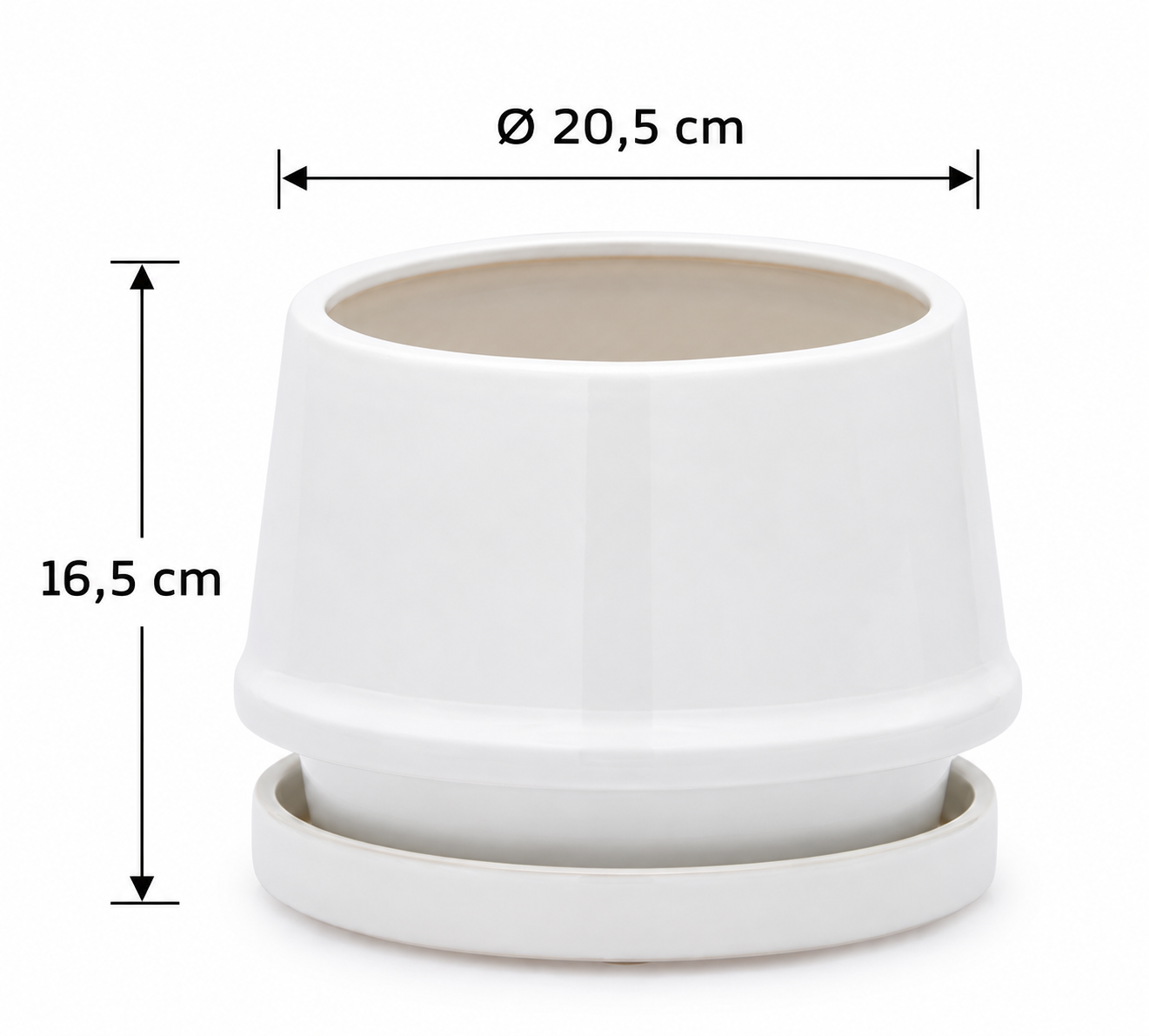 Vaso Trapezio M EDG Enzo De Gasperi in ceramica bianca con sottopiatto e dimensioni H 16,5 × Ø 20,5 cm
