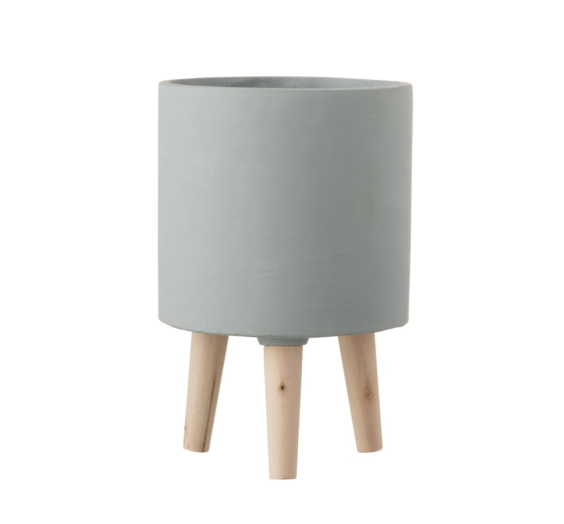 Bloempot Vaso in Cemento Azzurro Polvere su piedini in legno H30 - 1177
