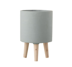Bloempot Vaso in Cemento Azzurro Polvere su piedini in legno H30 - 1177