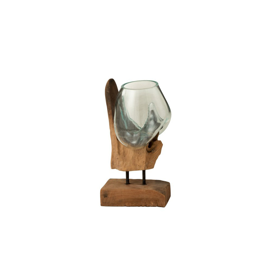 Vaso in vetro fuso su tronco naturale con piedistallo in ferro H35 - 10853