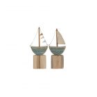 Set decoro barca su piede in legno naturale di colore blu CM 13X4,5XH30