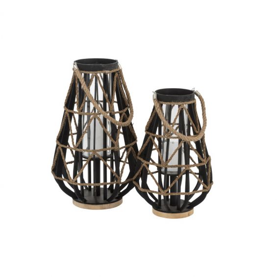 Lanterna in Legno nero con intreccio di corde : lanterne e portacandele in legno
