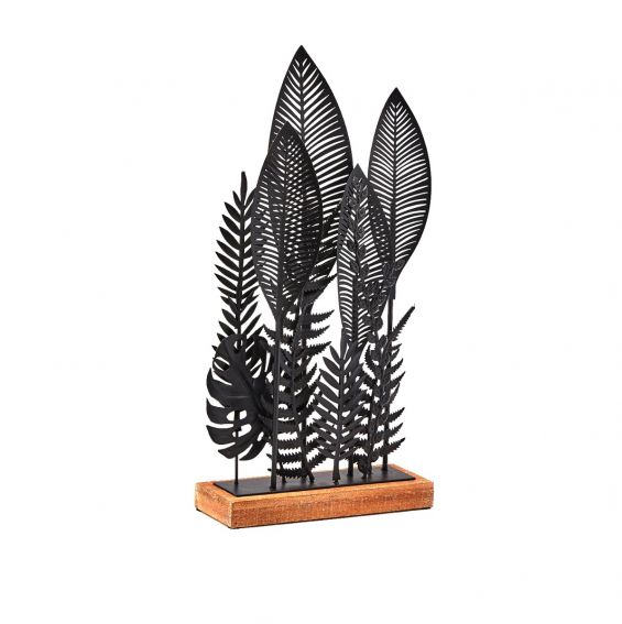 Decoro foglie metallo nero su base in legno