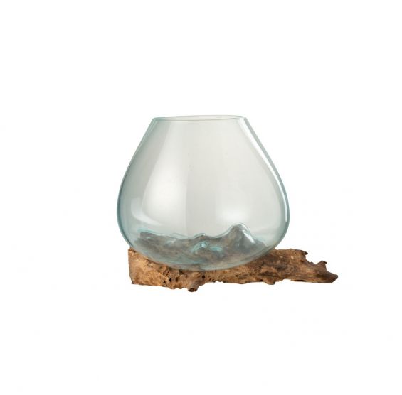 Vaso in vetro fuso riciclato su legno naturale L