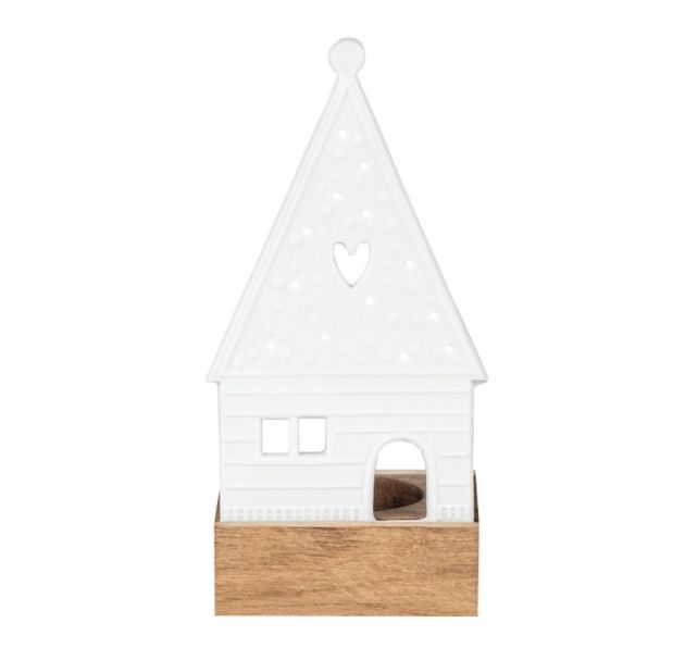 Porta tealight Heart in legno e porcellana a forma di casa