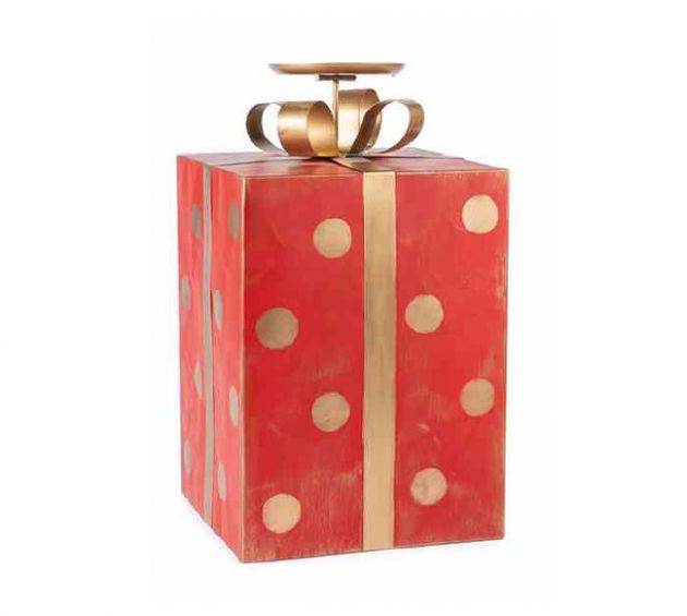Portacandele a forma di pacco regalo rosso a pois oro H37