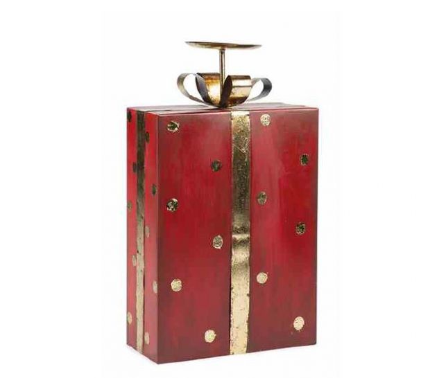 Portacandele a forma di pacco regalo rosso a pois oro H38