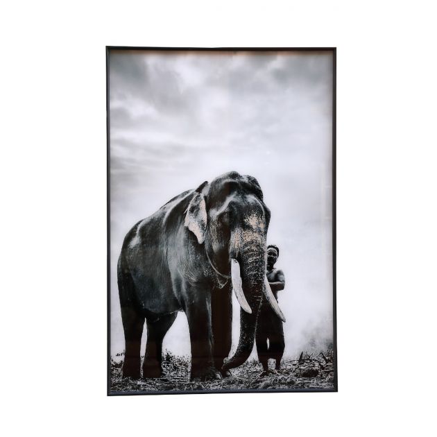 Quadro Melani Art Elefante con Uomo| Quadro in vetro temperato con cornice in alluminio