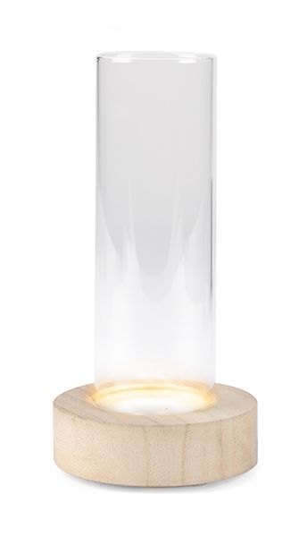 Vaso portafiori in vetro su base in legno con led H18cm