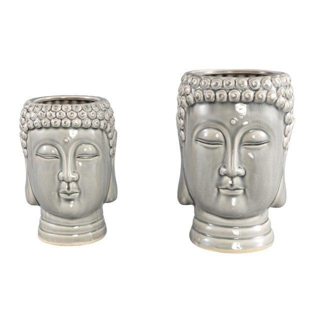 Vaso testa Buddha in ceramica grigia 